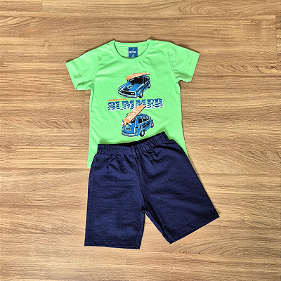 Conjunto Infantil ReiRex – Camiseta Verde Estampada e Bermuda Azul Marinho - Tam 2.