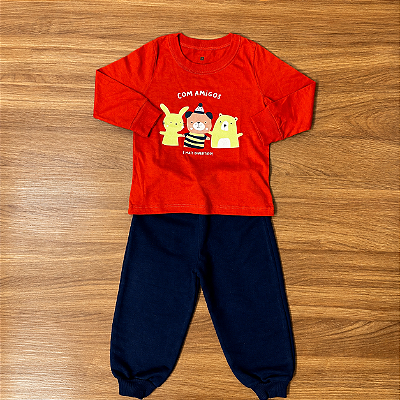 Conjunto Meia Estação Menino Malwee Kids Camiseta ML Estampada Terracota Calça Moletinho Azul Marinho