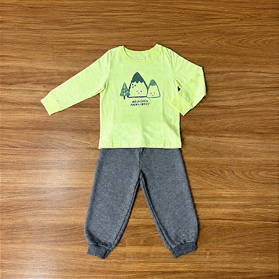 Conjunto Meia Estação Menino Malwee Kids Camiseta Manga Longa Estampada Verde Claro Calça Cinza