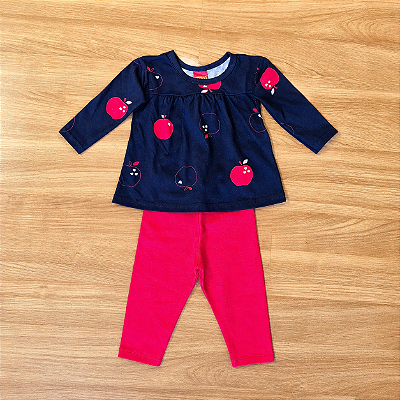 Conjunto Meia Estação Kyly Blusa ML Estampada Azul Marinho Calça Legging Vermelha Tam M