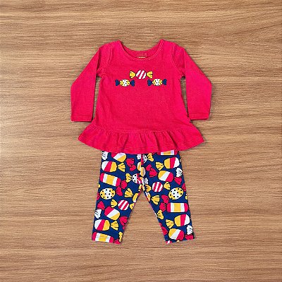 Conjunto Meia Estação Menina Kyly Blusa ML Estampada Vermelha Calça Estampada Azul Marinho Tam M