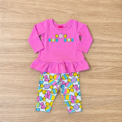 Conjunto Meia Estação Menina Kyly Blusa Manga Longa Estampada Pink Calça Legging Estampada Branca