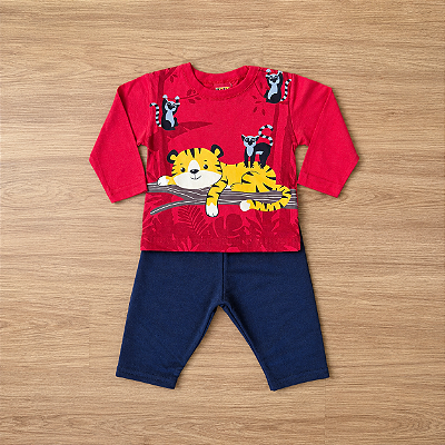 Conjunto Meia Estação Menino Kyly Camiseta Manga Longa Estampada Vermelha Calça Azul Marinho