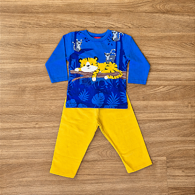 Conjunto Meia Estação Menino Kyly Camiseta Manga Longa Estampada Azul Calça Amarela Tam G