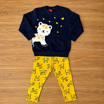 Conjunto Moletom Kyly Blusão ML Azul Marinho Estampa Peluciada Calça Legging Estampada Amarelo