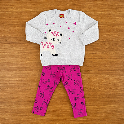 Conjunto Moletom Kyly Blusão ML Cinza Estampa Peluciada Calça Legging Estampada Pink