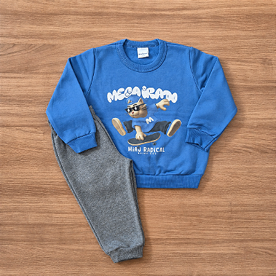 Conjunto Moletom Flanelado Malwee Kids Menino, Blusão Estampa ML Azul e Calça Cinza, Tam 2