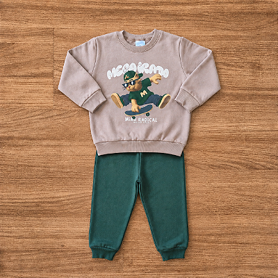 Conjunto Moletom Flanelado Malwee Kids Menino Blusão Estampado ML Cinza e Calça Verde Com Punhos