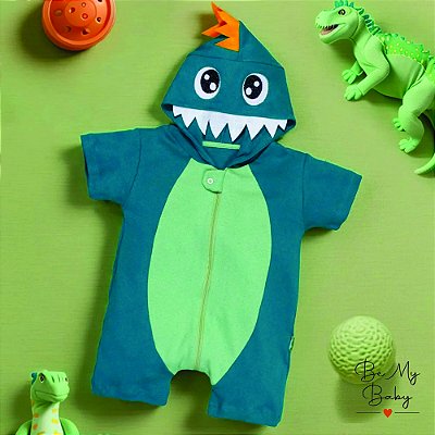 Macacão Temático Curto com Capuz Bordado e Abertura em Ziper - Dino