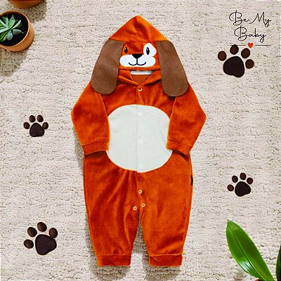 Macacão Longo Plush para Bebê Capuz Bordado - Cão Caramelo
