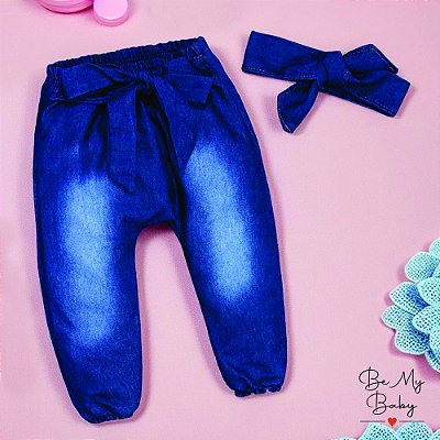 Calça E Faixinha Em Jeans Lavagem Escura Para Bebê