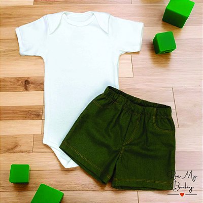 Conjunto Infantil Casual Linho Off White E Verde Escuro