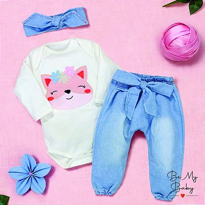 Conjunto Para Bebê Body Bordado E Calça Jeans - Raposa Creme