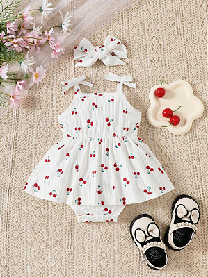 Macacão casual de verão para bebê menina com estampa de cereja e alças