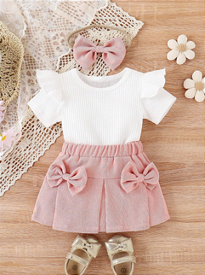 Roupa de verão para bebê menina - blusa doce de manga curta com babados, decoração de laço e conjunto de saia