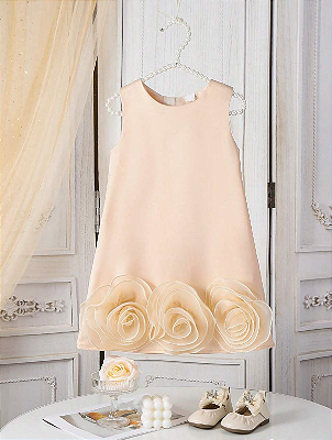 Vestido de Cetim Elegante Sem Mangas com Grande Decoração de Laço e Estampa de Flor, Adequado para Casamento, Festa,