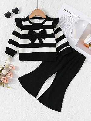 Conjunto Top de Manga Longa com Gola Triband e Decoração de Laço e Calça Flare de Cor Sólida para Menina