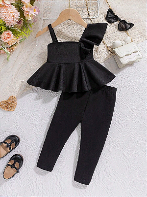 conjunto de tanque de alça com babado e calça comprida com cintura elástica para bebê menina