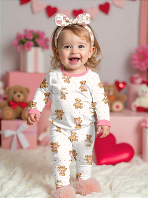 Conjunto de pijama com manga Longa com Decote Redondo, Casual e Confortável, Estampa de Urso Fofo, Adequado para Meninas Bebês
