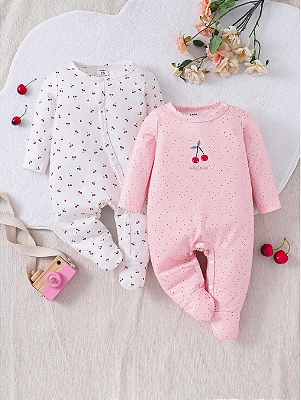 Macacão Fofo De Manga Longa Para Bebê Menina Com Estampa De Cereja E Bolinhas E Pézinho, Conjunto De 2 Peças Para O Lar
