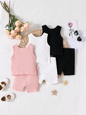 6 Peças Conjunto de Pijama Infantil Feminino Casual de Regata Simples Tricotada e Shorts com Cinta Elástica