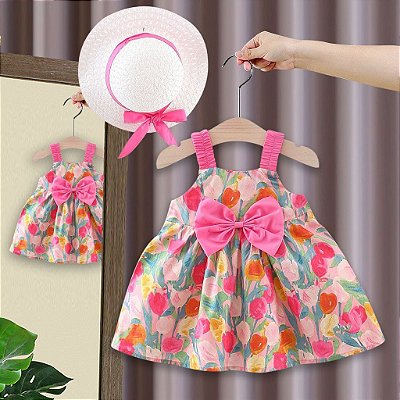 Vestido Infantil Menina Doce Criança Roupa Pendurado Cinta Flor Impressão Gran