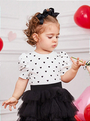 Blusa Casual De Manga Curta Com Bolhas E Gola Redonda Com Estampa De Coração Para Meninas Bebês