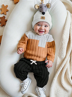 2 Peças Conjunto de Bebê Recém-Nascido, Bolso Casual Multicolorido, Camisa de Manga Longa Confortável de Malha Listrada com Pressão no Ombro e Calça com Cintura Elástica