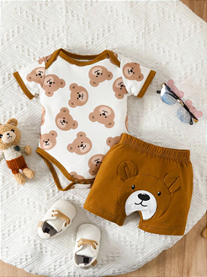 Conjunto Roupa Casual Diária para Bebê Menino Estampa Fofa de Urso