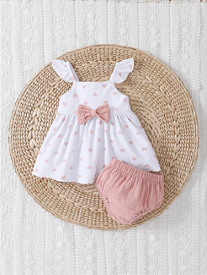 Conjunto Estampa De Coração E Daientalha Com Babado E Laço Na Frente Para Bebê Menina