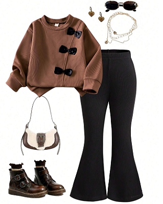 Moletom de Manga Longa com Patch em Tricô Marrom Café e Laço, Calça Flare de Cor Sólida Confortável