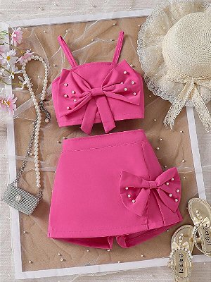 Conjunto Top com Alça de Pérola e Laço + Saia Casual Combinando