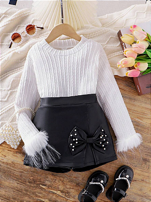 Conjunto para Meninas de Malha Jacquard com Mangas Fofas e Sainha Decorada com Laço