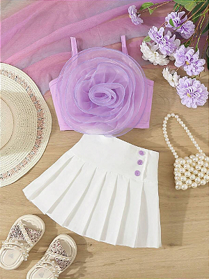 conjunto com flor e saia plisada premium