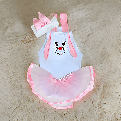 Jardineira Bebê Páscoa Coelha Menina Kit 3 Peças Jardineira + Saia + Laço