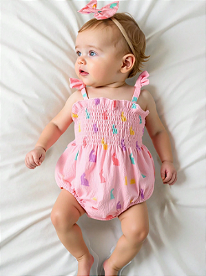 2 Peças/Conjunto Macacão Infantil Menina Fofo com Estampa de Coelho e Faixa