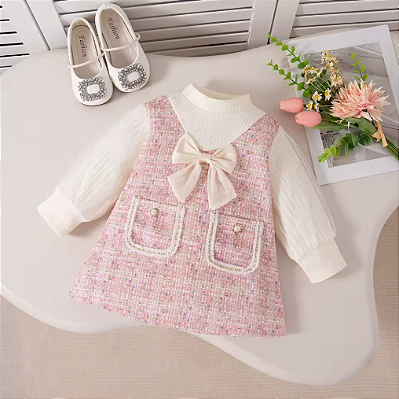 Primavera e outono novo vestido bege arco bebê menina, bolso xadrez rosa roupas de manga longa infantil