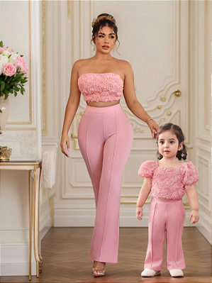 Conjunto de Top com Manga Bufante de Tule 3D com Floral e Calça Longa Mãe e Filha para o Verão