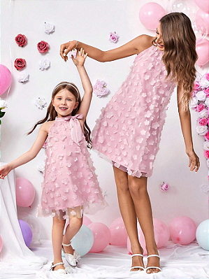 Vestido Casual Solto De Colarinho Alto Em Malha Floral Com Halter - Mãe e Filha