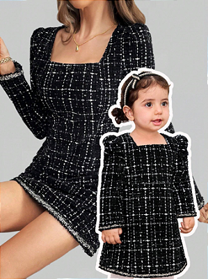 2 peças Vestido Preto de Manga Longa Bufante de Chiffon para Bebê Menina, Conjunto Combinando Mãe e Filha, Adequado para Festas, Passeios e Eventos
