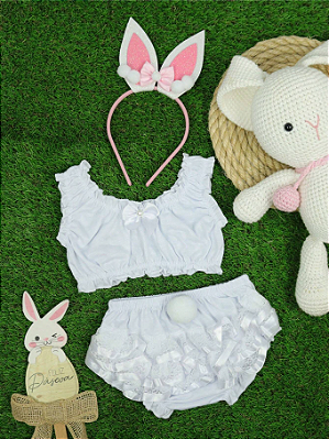 Kit 3 Peças Calcinha De Renda Com Pompom + Top Regata + Tiara De Orelha Coelhinha da Páscoa