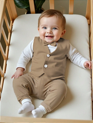 Conjunto Básico de Moda em Malha para Meninos Bebês, Bodysuit Casual 2 em 1 com Laço e Calça Elástica Sólida, Macio e Confortável, Adequado para Ocasiões Formais como Festa de Aniversário, Eventos da Noite, Casamento, Batismo, Cerimônia e Aniversário