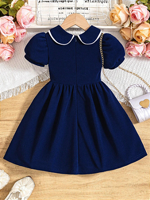 Vestido Simples com Gola Peter Pan e Manga Bufante para Menina Jovem