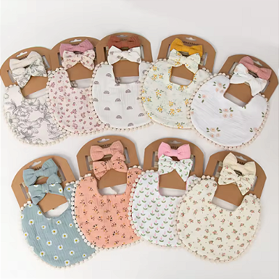 3 pçs/set bebê flor babadores & headbands arco náilon hairbands dupla face saliva toalha alimentação burp pano cachecol meninos meninas headwear