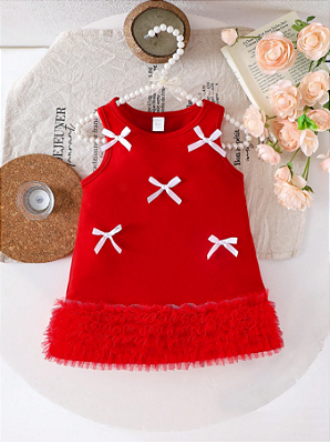 Vestido de Tricô com Decote Trabalhado em Babados, Sem Mangas, Decoração de Laço Fofo, Estilo Coreano, Rosa