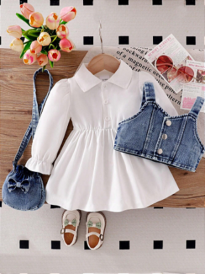 Conjunto de vestido de cor sólida com colete de brim para bebê menina com decoração de laço e bolsa transversal de brim