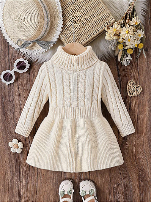 Vestido de Suéter de Tricô de Gola Alta para Bebê/Menina Recém-Nascida