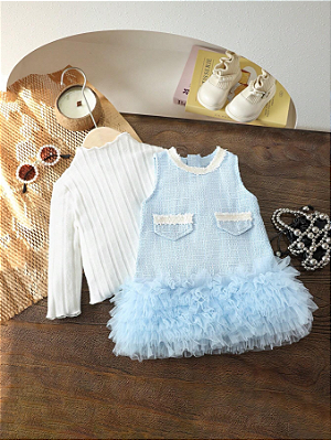 2 Peças/Conjunto Vestido de Tule Multipartido e Babados Contrastantes para Meninas com Zíper, Bolso Falso e Manga Longa com Barra de Malha Canelada, Doce e Confortável, Primavera Outono Inverno