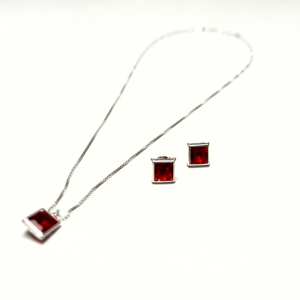 CONJUNTO VERMELHO QUADRADO PRATA 925