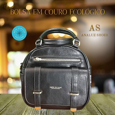 Bolsa Preta com dourado em Couro Ecológico Pavão de Ouro em Peruíbe